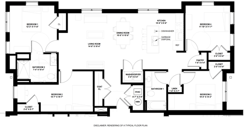 Floor plan for 4 beds, 2 baths, 1447 sqft